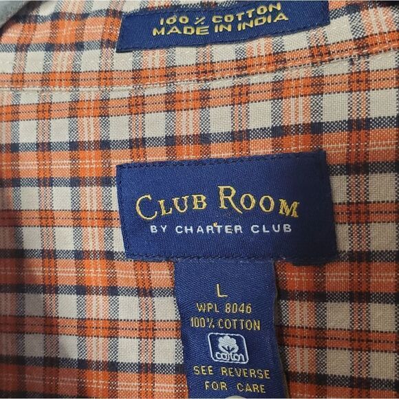 Charter Club L 100% Cotton Orange White Plaid Long Sleeve Button Down Shirt - Picture 7 of 10